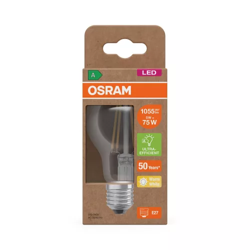 LED izzó A60 E27 5W = 75W 2700K 1055lm Meleg 300° Izzószálas KLASSZIKUS ENERGIAHATÉKONYSÁG Osram