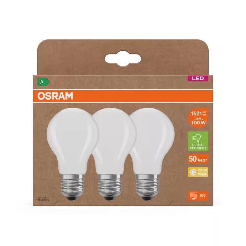 3x LED izzó A60 E27 7.2W = 100W 2700K 1521lm Meleg 300° Izzószálas KLASSZIKUS ENERGIAHATÉKONYSÁG Osram