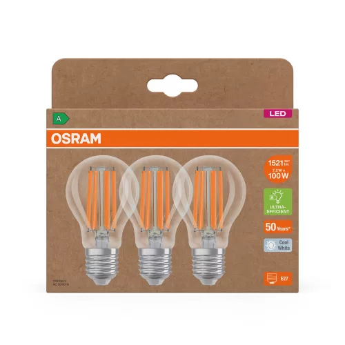 3x LED izzó A60 E27 7.2W = 100W 4000K 1521lm Semleges 320° Izzószálas KLASSZIKUS ENERGIAHATÉKONYSÁG Osram