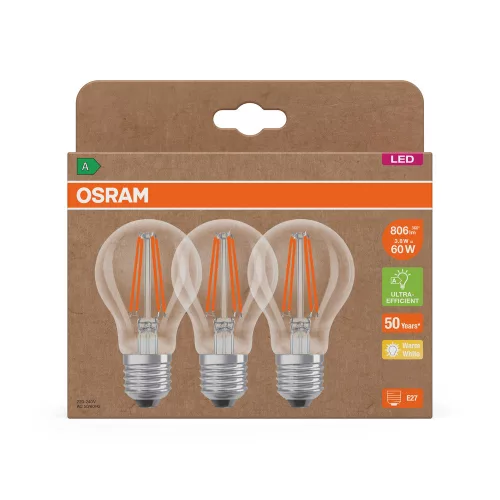 3x LED izzó A60 E27 3.8W = 60W 2700K 806lm Meleg 300° Izzószálas KLASSZIKUS ENERGIAHATÉKONYSÁG Osram
