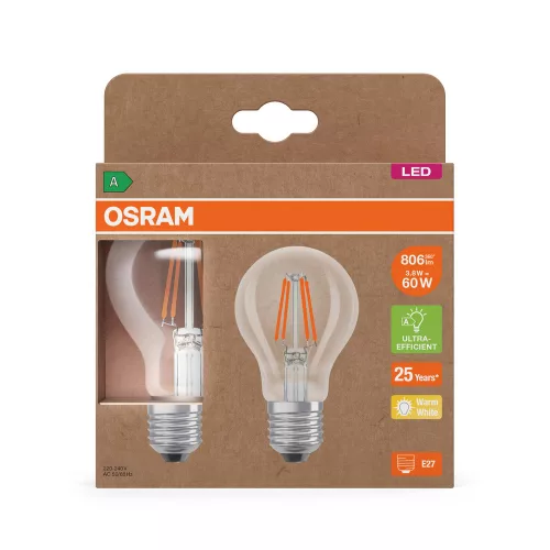 2x LED izzó A60 E27 3.8W = 60W 2700K 806lm Meleg 300° Izzószálas KLASSZIKUS ENERGIAHATÉKONYSÁG Osram