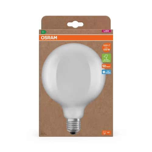 LED izzó G125 gömb alakú E27 7.2W = 100W 1521lm 6500K Hideg 330° Izzószálas KLASSZIKUS ENERGIAHATÉKONYSÁG Osram