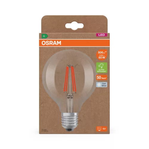 LED izzó G95 gömb alakú E27 3,8 W = 60 W 806 lm 4000 K semleges 300° izzószálas KLASSZIKUS ENERGIAHATÉKONYSÁG Osram
