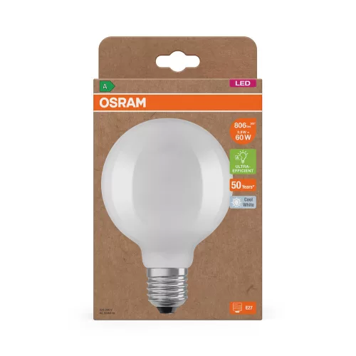 LED izzó G95 gömb alakú E27 3,8 W = 60 W 4000 K 806 lm Semleges 300° Izzószálas KLASSZIKUS ENERGIAHATÉKONYSÁG Osram