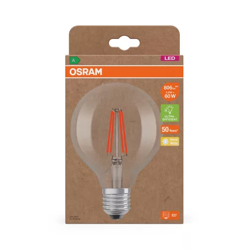 LED izzó G95 gömb alakú E27 3,8 W = 60 W 806 lm 2700 K Meleg 300° Izzószálas KLASSZIKUS ENERGIAHATÉKONYSÁG Osram
