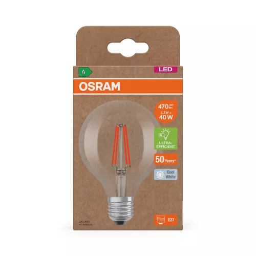 LED izzó G80 gömb alakú E27 2.2W = 40W 470lm 4000K Semleges 330° Izzószálas KLASSZIKUS ENERGIAHATÉKONYSÁG Osram