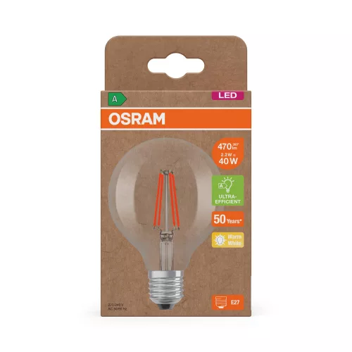 LED izzó G80 gömb alakú E27 2.2W = 40W 470lm 2700K Meleg 330° Izzószálas KLASSZIKUS ENERGIAHATÉKONYSÁG Osram