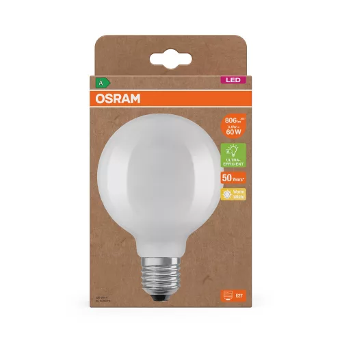 LED izzó G95 gömb alakú E27 3,8 W = 60 W 2700 K 806 lm Meleg 300° Izzószálas KLASSZIKUS ENERGIAHATÉKONYSÁG Osram