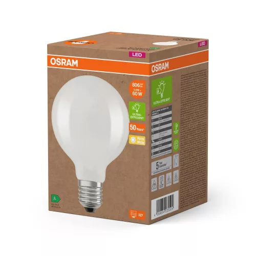 LED izzó G95 gömb alakú E27 3,8 W = 60 W 2700 K 806 lm Meleg 300° Izzószálas KLASSZIKUS ENERGIAHATÉKONYSÁG Osram