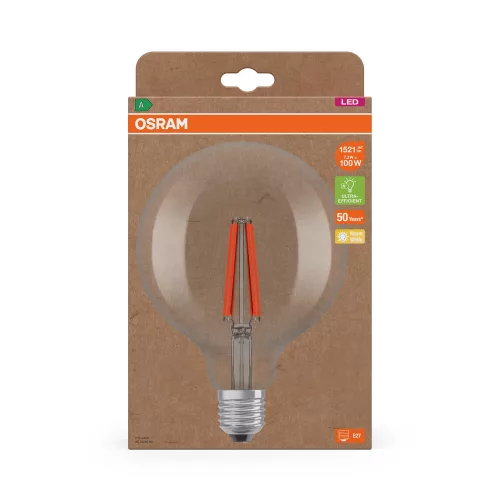 LED izzó G125 gömb alakú E27 7.2W = 100W 2700K 1521lm Meleg 330° Izzószálas KLASSZIKUS ENERGIAHATÉKONYSÁG Osram