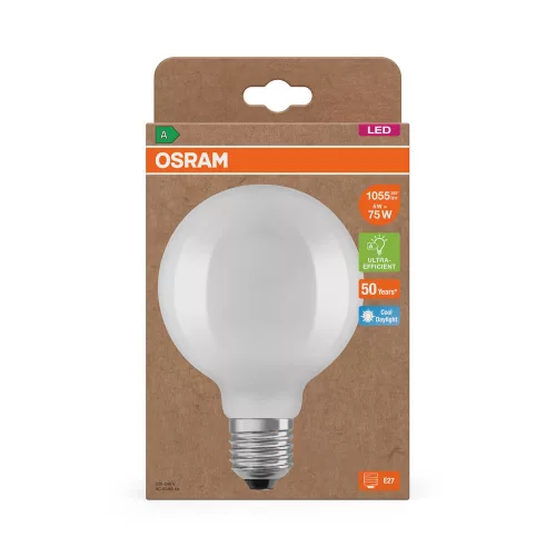 LED izzó G95 gömb alakú E27 5W = 75W 1055lm 6500K Hideg 330° Izzószálas KLASSZIKUS ENERGIAHATÉKONYSÁG Osram