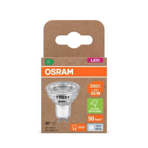 LED izzó PAR16 reflektor GU10 1.3W = 35W 240lm 4000K Semleges 36° 185lm/W ENERGIAHATÉKONYSÁG Osram