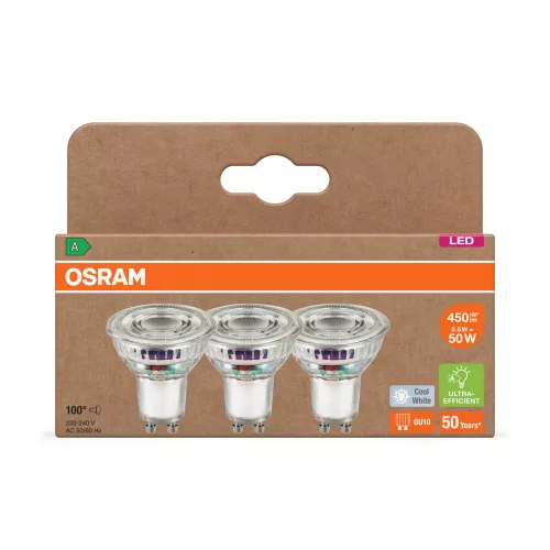 3x LED izzó PAR16 reflektor GU10 2.5W = 50W 450lm 4000K Semleges 100° 180lm/W ENERGIAHATÉKONYSÁG Osram