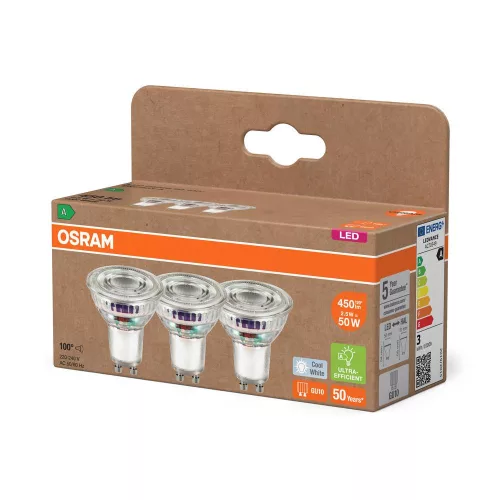 3x LED izzó PAR16 reflektor GU10 2.5W = 50W 450lm 4000K Semleges 100° 180lm/W ENERGIAHATÉKONYSÁG Osram