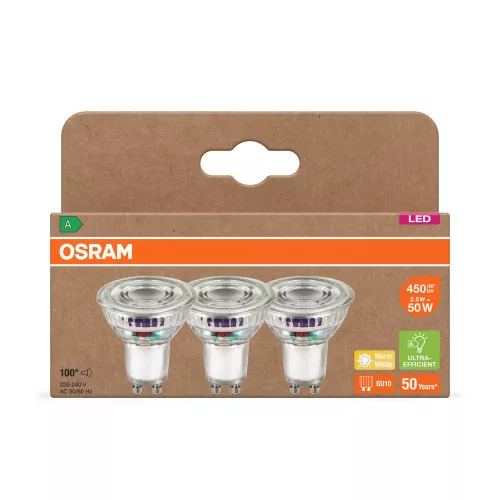 3x LED izzó PAR16 reflektor GU10 2.5W = 50W 450lm 2700K Meleg 100° 180lm/W ENERGIAHATÉKONYSÁG Osram