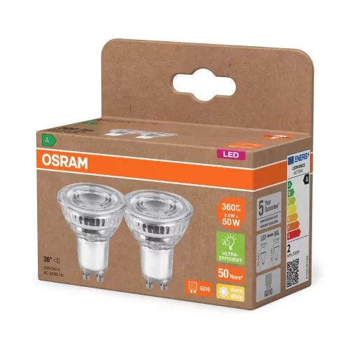 2x LED izzó PAR16 reflektor GU10 2W = 50W 360lm 2700K Meleg 36° 180lm/W ENERGIAHATÉKONYSÁG Osram