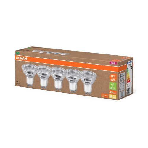 5x LED izzó PAR16 reflektor GU10 2W = 50W 360lm 2700K Meleg 36° 180lm/W ENERGIAHATÉKONYSÁG Osram