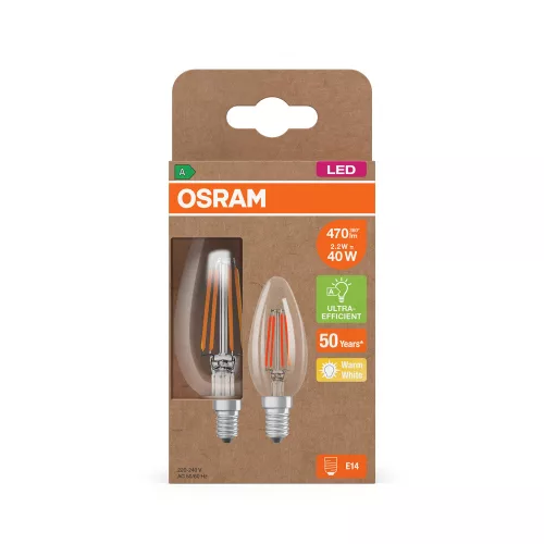 2x LED izzó B35 gyertya E14 2.2W = 40W 470lm 2700K Meleg 320° 214lm/W KLASSZIKUS ENERGIAHATÉKONYSÁG Osram
