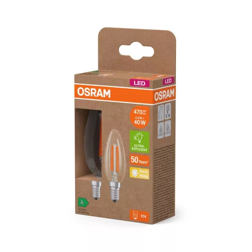 2x LED izzó B35 gyertya E14 2.2W = 40W 470lm 2700K Meleg 320° 214lm/W KLASSZIKUS ENERGIAHATÉKONYSÁG Osram