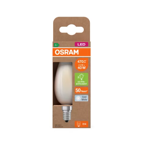 LED izzó B35 gyertya E14 2.2W = 40W 470lm 4000K Semleges 330° 214lm/W KLASSZIKUS ENERGIAHATÉKONYSÁG Osram