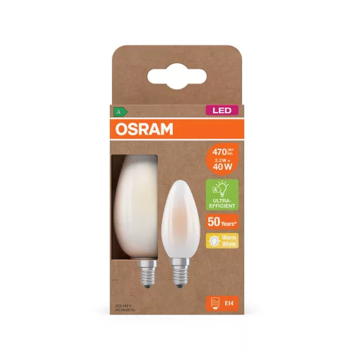 2x LED izzó B35 gyertya E14 2.2W = 40W 470lm 2700K Meleg 330° 214lm/W KLASSZIKUS ENERGIAHATÉKONYSÁG Osram