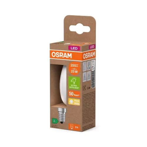 LED izzó B35 gyertya E14 1.2W = 25W 255lm 2700K Meleg 330° 213lm/W KLASSZIKUS ENERGIAHATÉKONYSÁG Osram