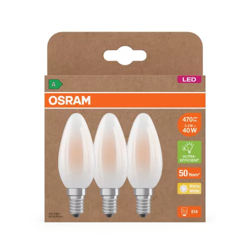 3x LED izzó B35 gyertya E14 2.2W = 40W 470lm 2700K Meleg 330° 214lm/W KLASSZIKUS ENERGIAHATÉKONYSÁG Osram