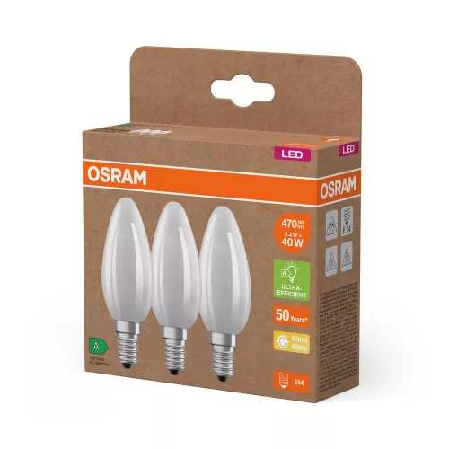3x LED izzó B35 gyertya E14 2.2W = 40W 470lm 2700K Meleg 330° 214lm/W KLASSZIKUS ENERGIAHATÉKONYSÁG Osram