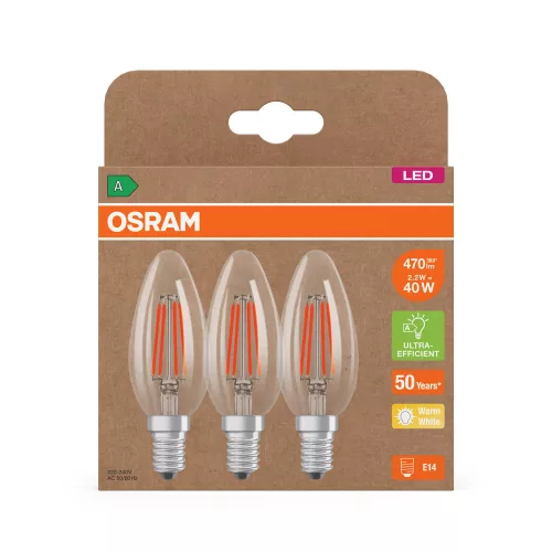 3x LED izzó B35 gyertya E14 2.2W = 40W 470lm 2700K Meleg 330° 214lm/W ENERGIA CLASSIC EFFICIENCY Osram