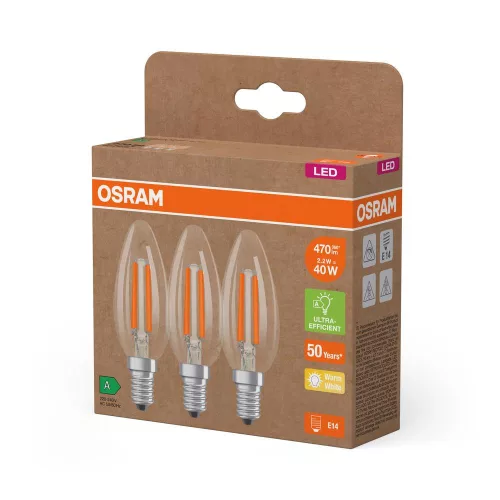 3x LED izzó B35 gyertya E14 2.2W = 40W 470lm 2700K Meleg 330° 214lm/W ENERGIA CLASSIC EFFICIENCY Osram