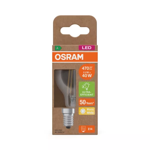 LED izzó P45 gömb alakú E14 2.2W = 40W 470lm 2700K Meleg 330° 214lm/W KLASSZIKUS ENERGIAHATÉKONYSÁG Osram