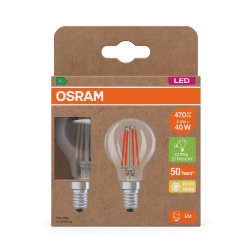 2x LED izzó P45 gömb E14 2.2W = 40W 470lm 2700K Meleg 320° 214lm/W KLASSZIKUS ENERGIAHATÉKONYSÁG Osram