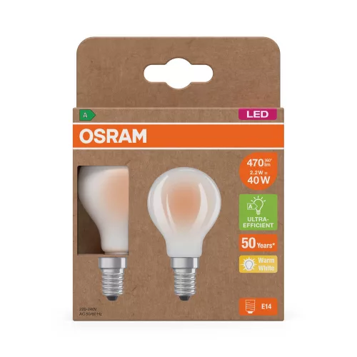 2x LED izzó P45 gömb E14 2.2W = 40W 470lm 2700K Meleg 330° 214lm/W KLASSZIKUS ENERGIAHATÉKONYSÁG Osram
