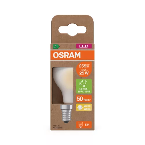 LED izzó P45 gömb alakú E14 1.2W = 25W 255lm 2700K Meleg 330° 213lm/W ENERGY CLASSIC EFFICIENCY Osram