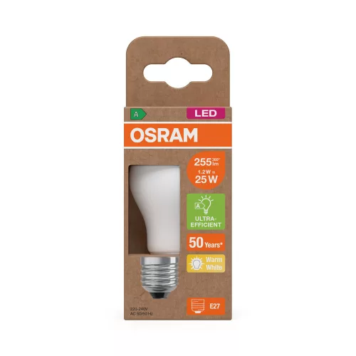 LED izzó P45 gömb alakú E27 1.2W = 25W 255lm 2700K Meleg 330° 213lm/W KLASSZIKUS ENERGIAHATÉKONYSÁG Osram