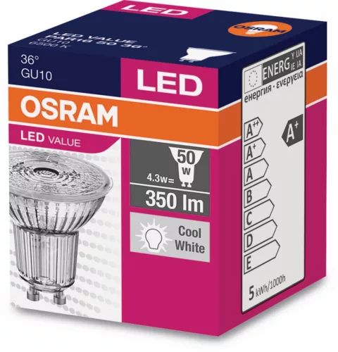 GU10 LED izzó 3.6W = 50W 350lm 6500K hideg 36° OSRAM érték