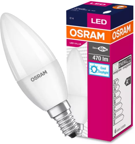 LED izzó E14 B35 5.7W = 40W 470lm 6500K hideg 200° OSRAM érték