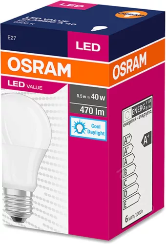 E27 A60 LED izzó 5,5W = 40W 470lm 6500K hideg 240° OSRAM érték
