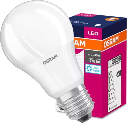 E27 A60 LED izzó 5,5W = 40W 470lm 6500K hideg 240° OSRAM érték