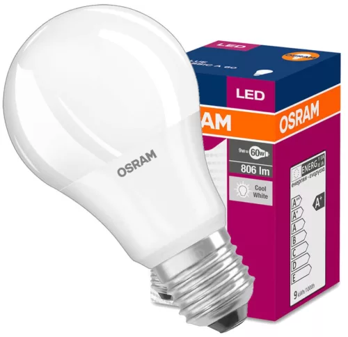 LED izzó E27 A60 9W = 60W 806lm 6500K Hideg 200° OSRAM