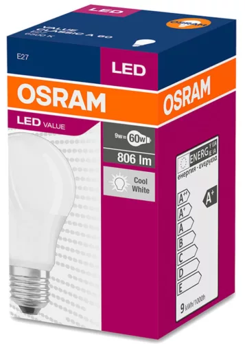 LED izzó E27 A60 9W = 60W 806lm 6500K Hideg 200° OSRAM