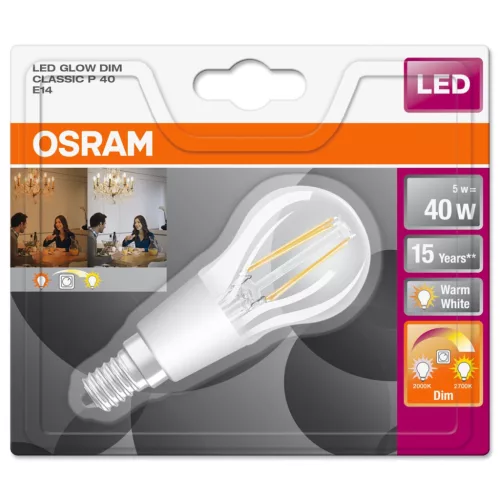 E14 P45 LED izzó 4.5W = 40W 470lm 2700K meleg 300° OSRAM Superstar izzószál szabályozható