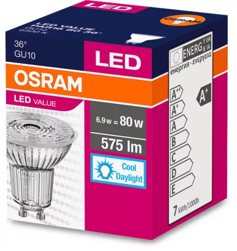 GU10 LED izzó 6.9W = 80W 575lm 6500K hideg 36° OSRAM érték