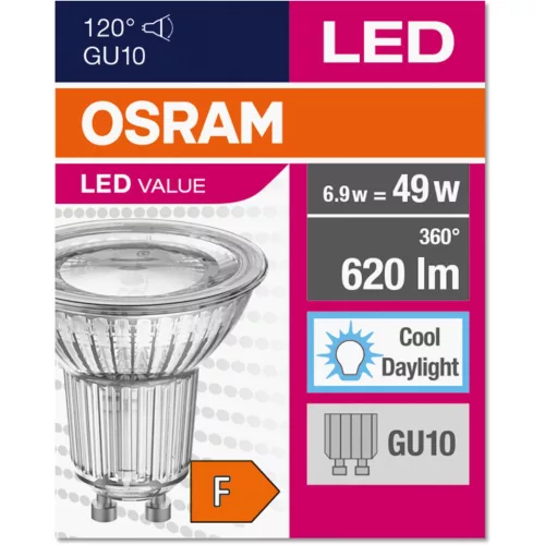 GU10 LED izzó 6.9W = 49W 620lm 6500K hideg 120° OSRAM érték