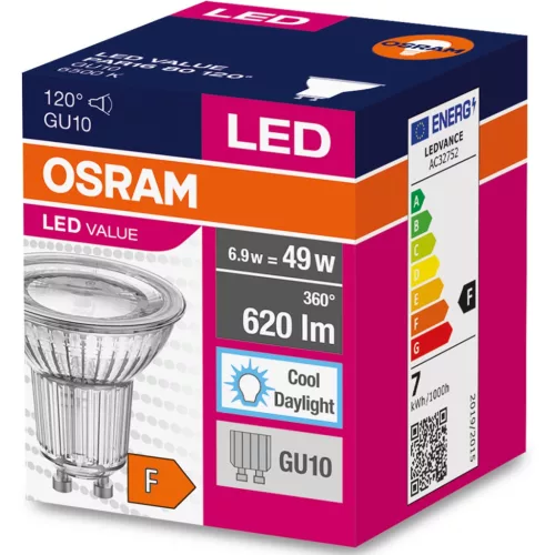 GU10 LED izzó 6.9W = 49W 620lm 6500K hideg 120° OSRAM érték