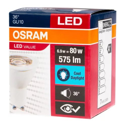 GU10 LED izzó 6.5W = 80W 575lm 6500K hideg 36° OSRAM érték