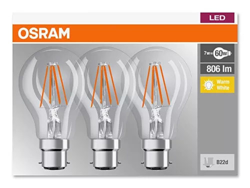 3PAK LED izzó B22d A60 7W = 60W 806lm 2700K  360° izzószál OSRAM