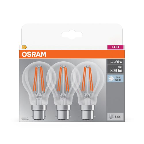 3x LED izzó A60 B22d 6.5W = 60W 806lm 4000K Semleges 300°-os foglalat Osram
