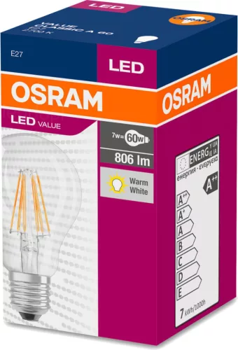 E27 A60 LED izzó 7W = 60W 806lm 2700K 320° OSRAM izzószál