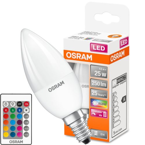 E14 B35 LED izzó 4,5W = 25W 250lm RGBW 180° OSRAM Star + TÁVIRÁNYÍTÓ